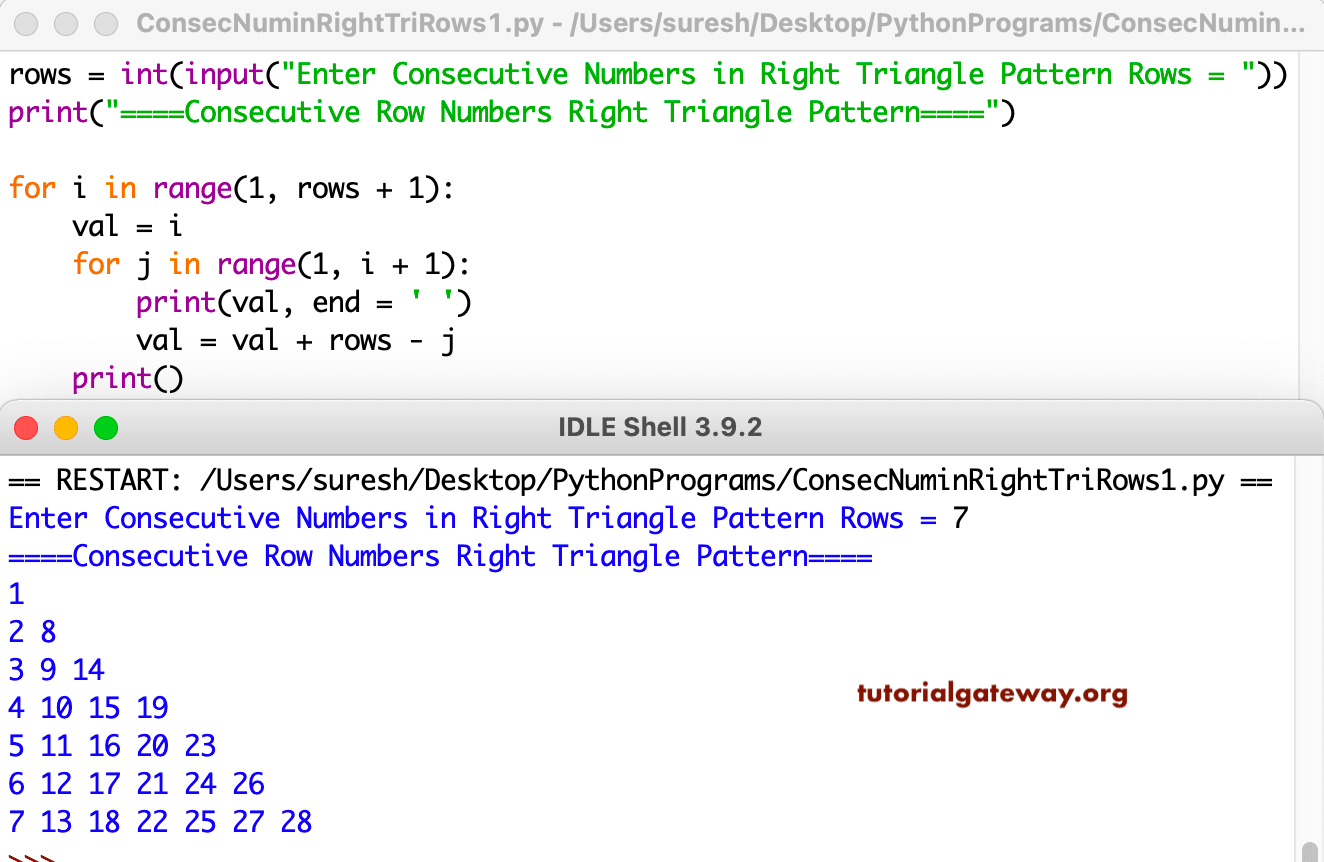 Python Program to Print Consecutive Rows Numbers in Right Triangle