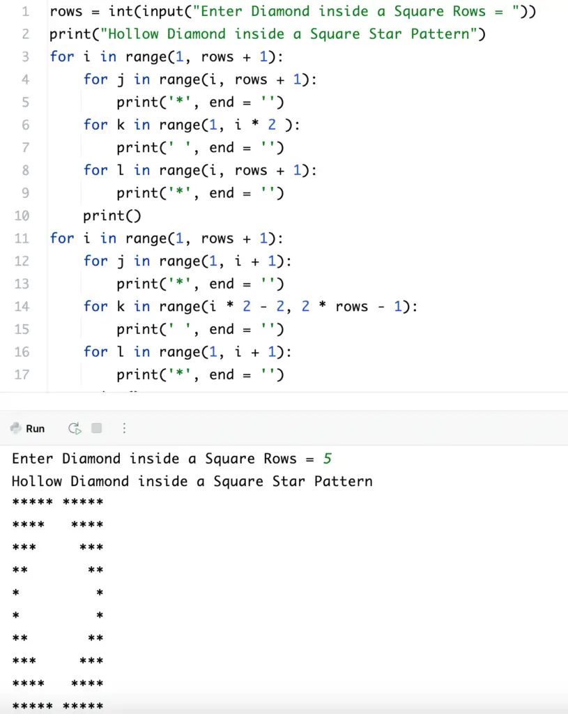 Python Program to Print Hollow Diamond inside a Square Star Pattern