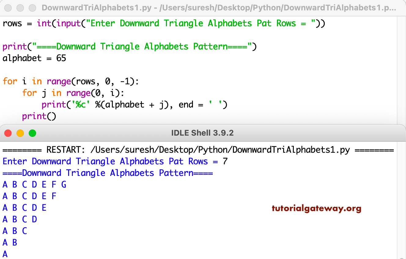 Python Program to Print Downward Triangle Alphabets Pattern
