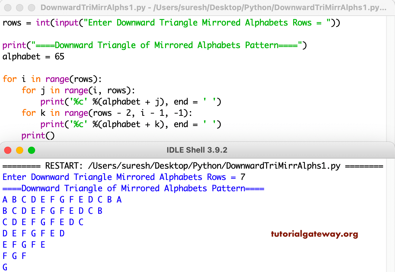 Python Program to Print Downward Triangle Mirrored Alphabets Pattern