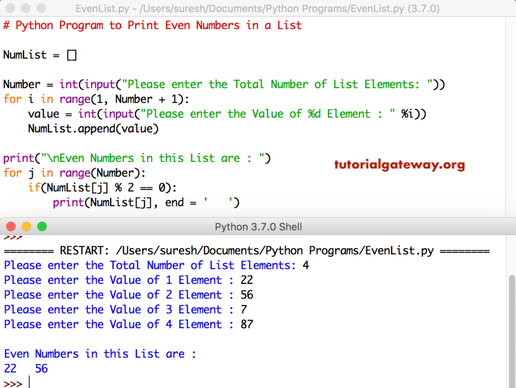 Python Program to Print Even Numbers in a List using for loop