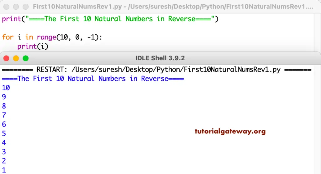 Python Program to Print First 10 Natural Numbers in Reverse