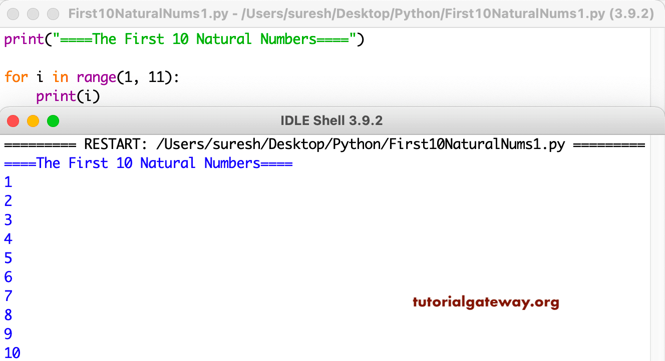 Python Program to Print First 10 Natural Numbers