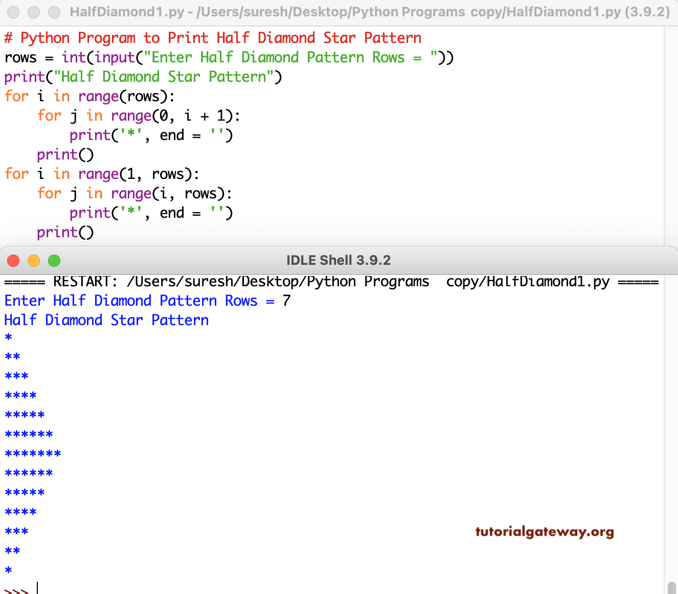Python Program to Print Half Diamond Star Pattern 1