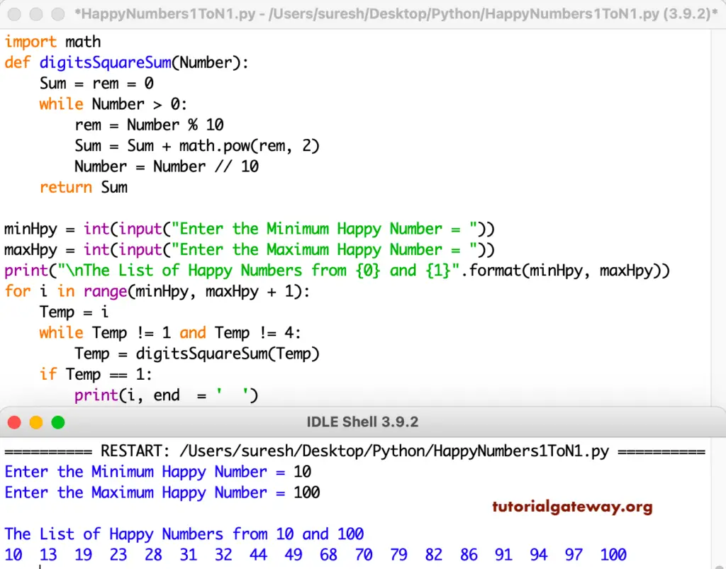 Python Program to Print Happy Numbers from 1 to 100