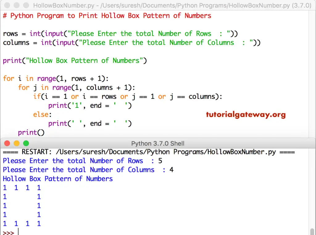 Python Program to Print Hollow Box Pattern of Numbers 1