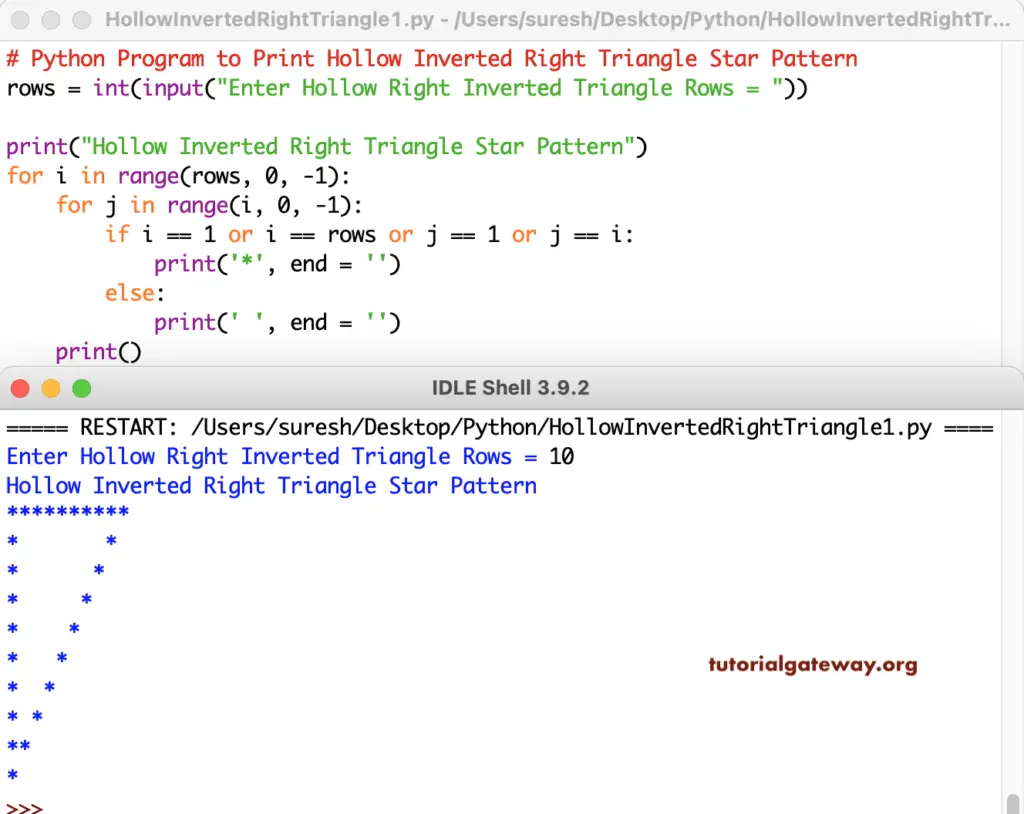 Python Program to Print Hollow Inverted Right Triangle 1