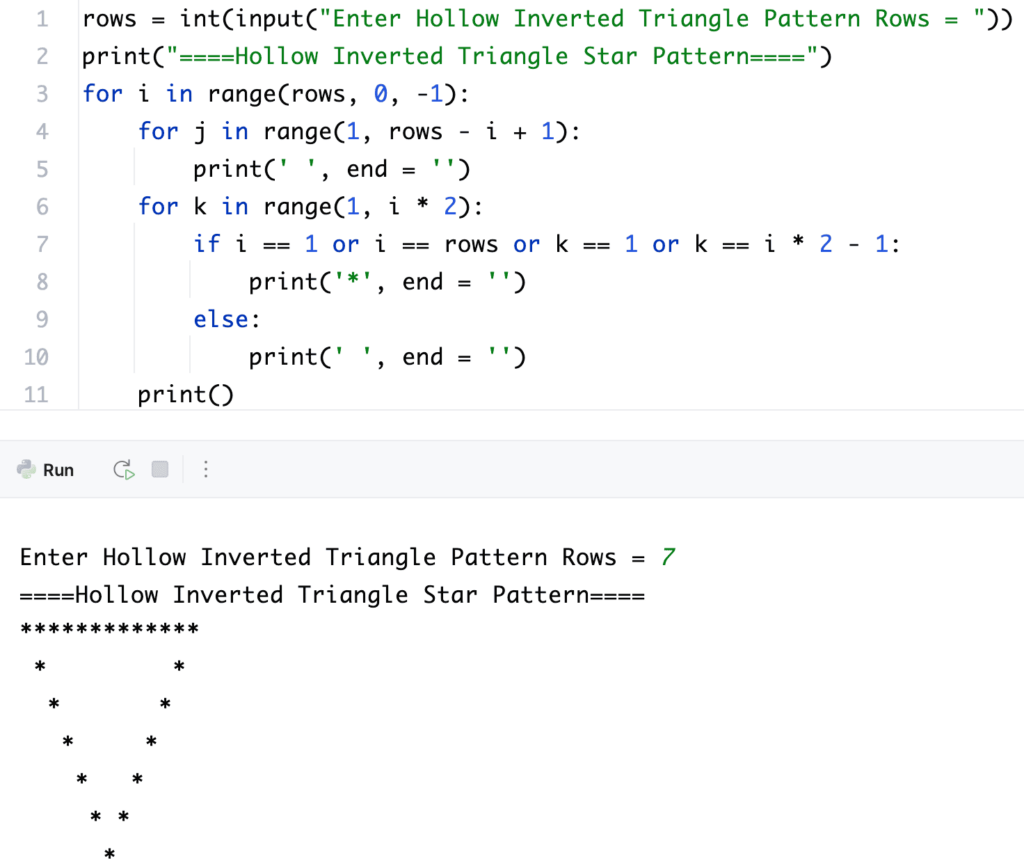 Python Program to Print Hollow Inverted Triangle Star Pattern using for loop