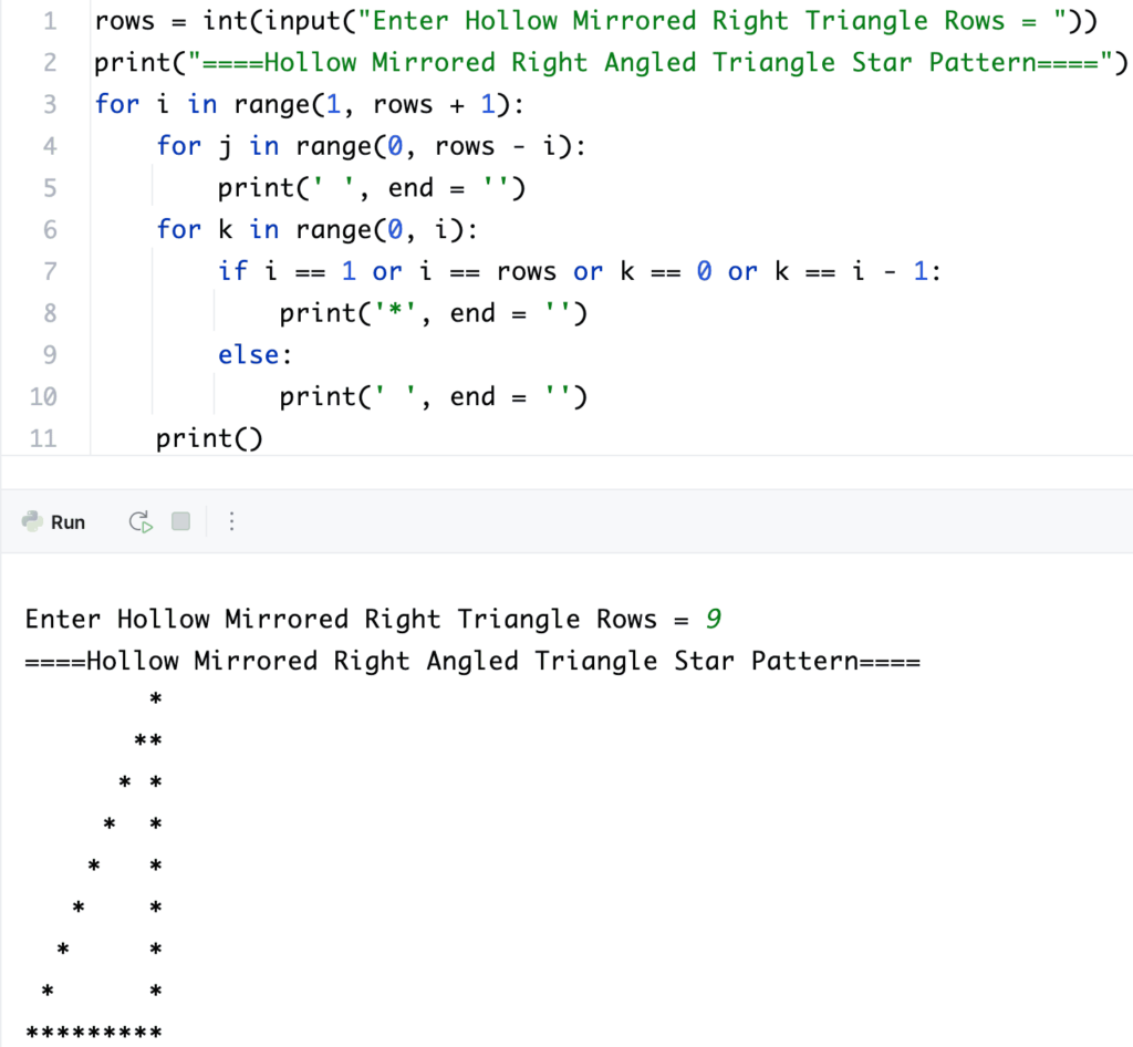Python Program to Print Hollow Mirrored Right Triangle Star Pattern using for loop