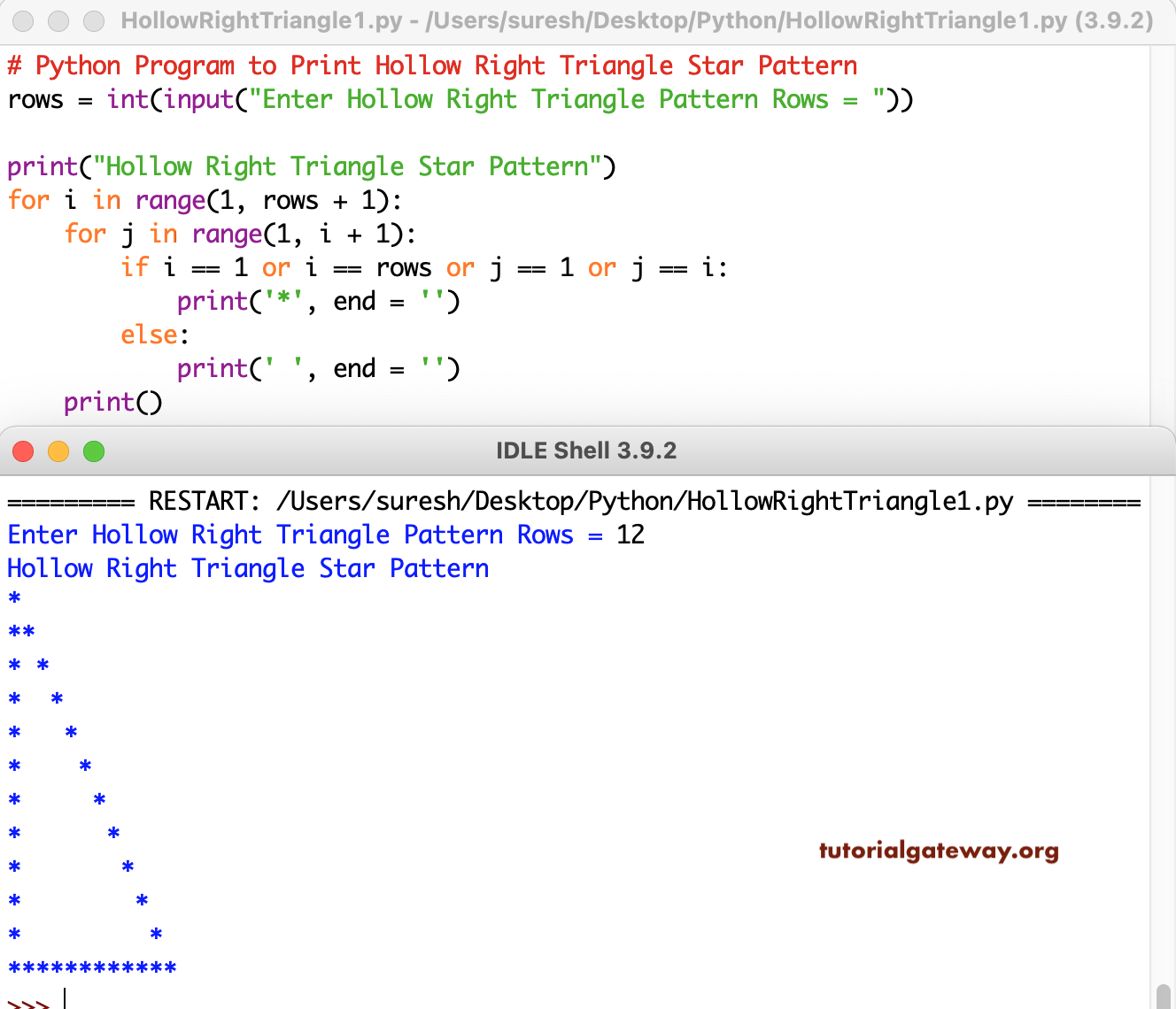 Python Program to Print Hollow Right Triangle Star Pattern 1