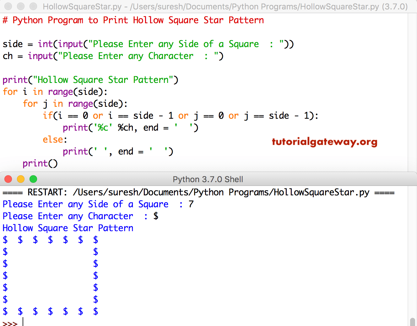 Python Program to Print Hollow Square Star Pattern 2