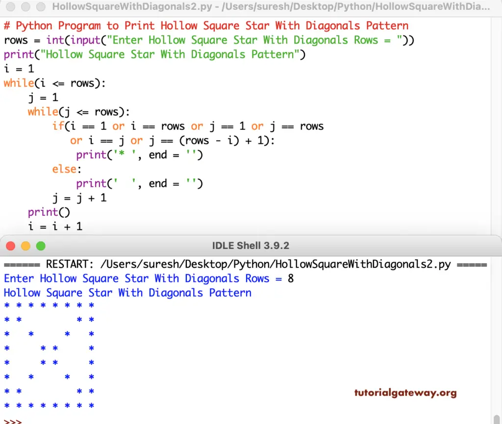 Python Program to Print Hollow Square Star With Diagonals 2