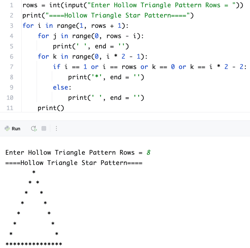 Python Program to Print Hollow Triangle Star Pattern using for loop