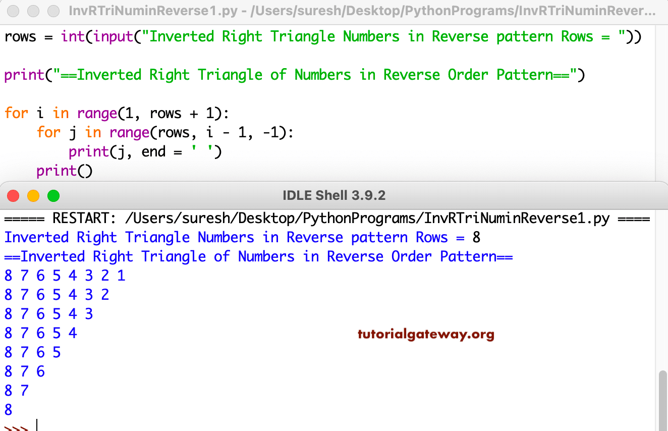 Python Program to Print Inverted Right Triangle Numbers in Reverse