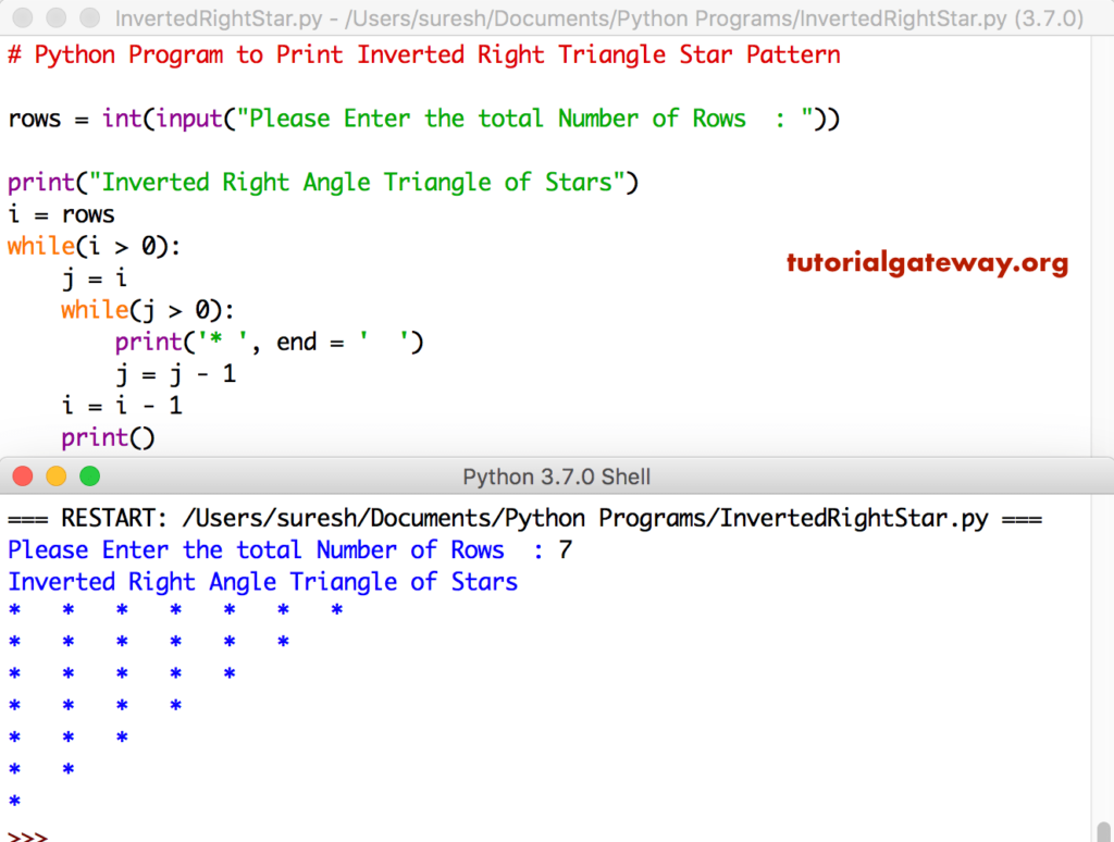 Python Program to Print Inverted Right Triangle Star Pattern 1