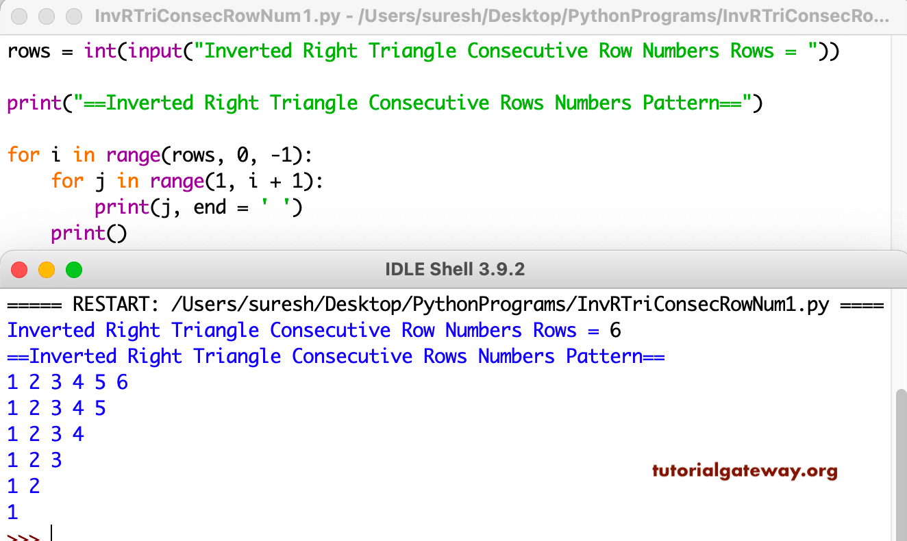 Python Program to Print Inverted Right Triangle of Consecutive Numbers