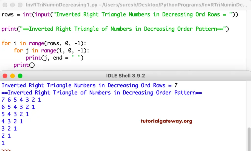 Python Program to Print Inverted Right Triangle of Decreasing Order Numbers