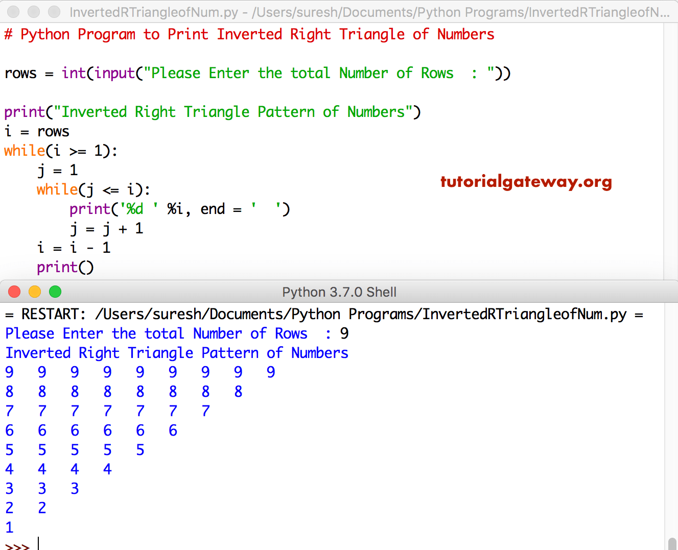 Python Program to Print Inverted Right Triangle of Numbers 2