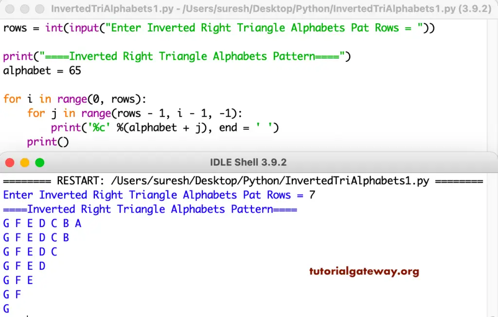 Python Program to Print Inverted Triangle Alphabets Pattern
