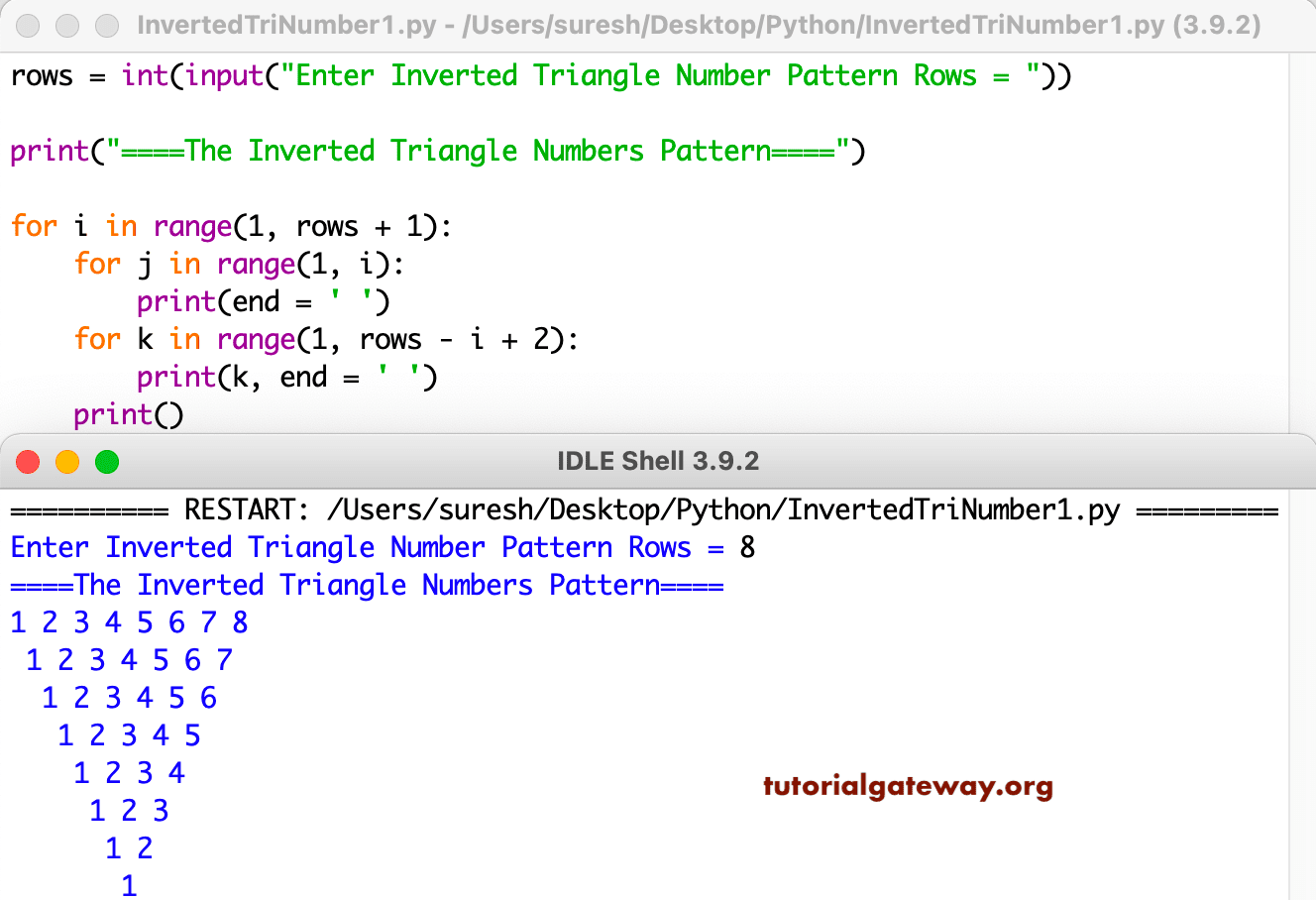 Python Program to Print Inverted Triangle Numbers Pattern
