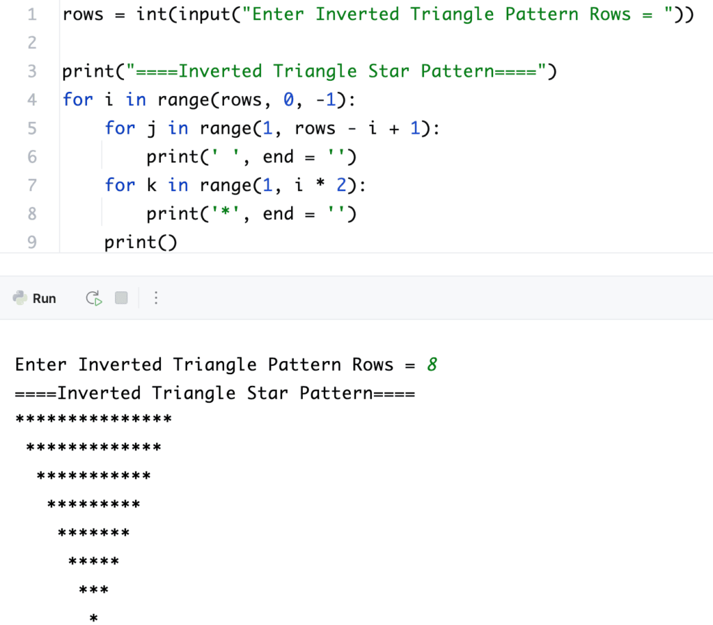 Python Program to Print Inverted Triangle Star Pattern using for loop