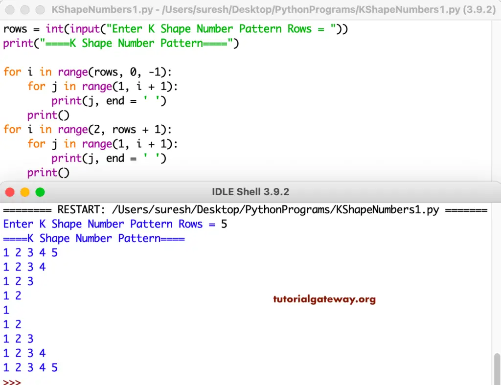 Python Program to Print K Shape Number Pattern