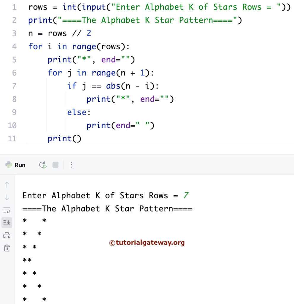 Python Program to Print Alphabetical K Star Pattern