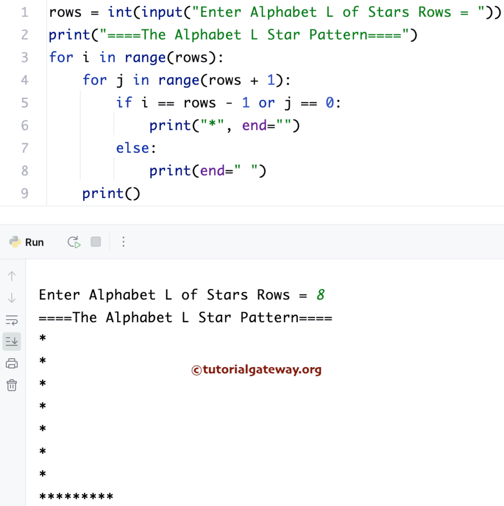 Python Program to Print Alphabetical L Star Pattern