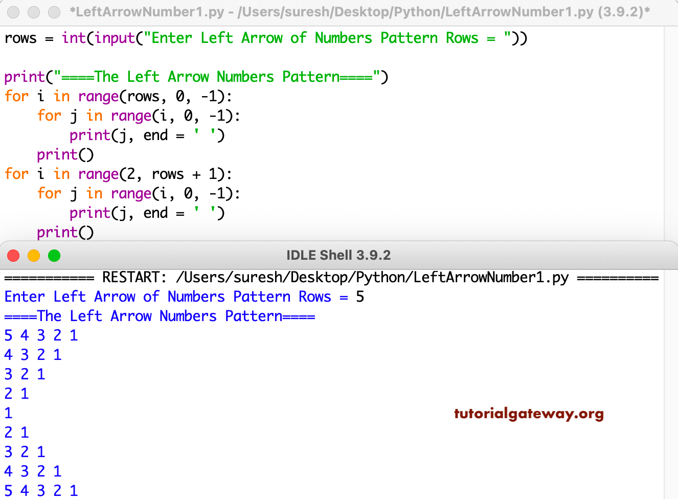 Python Program to Print Left Arrow Numbers Pattern