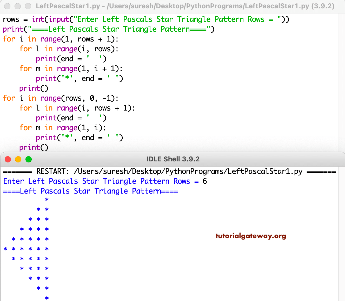 Python Program to Print Left Pascals Star Triangle