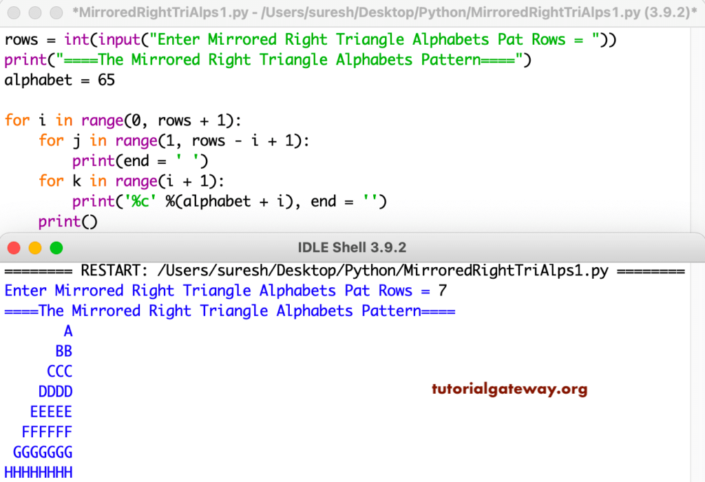 Python Program to Print Mirrored Right Triangle Alphabets Pattern