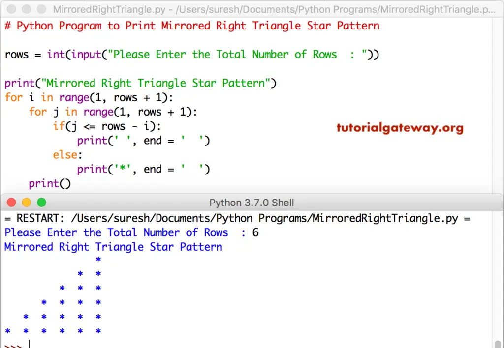 Python Program to Print Mirrored Right Triangle Star Pattern 1