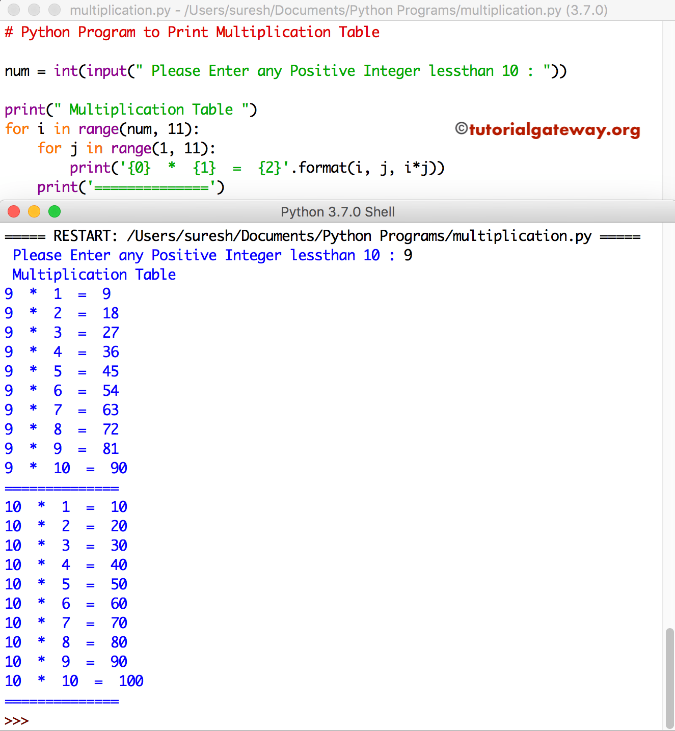 Python Program to Print Multiplication Table 2