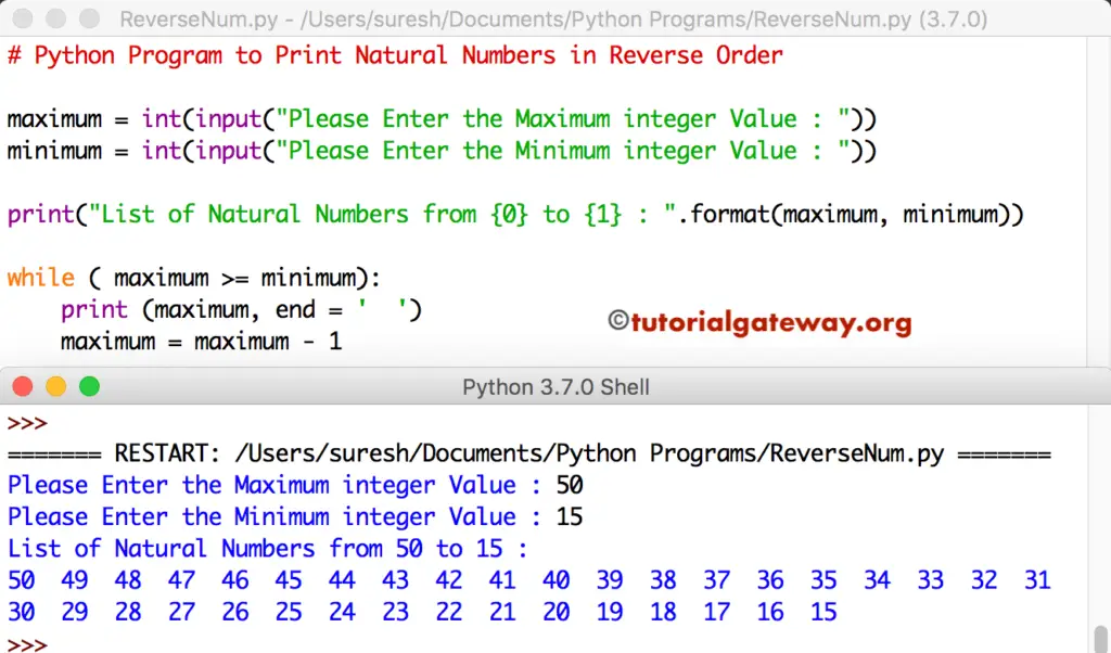 Python Program to Print Natural Numbers in Reverse Order 2