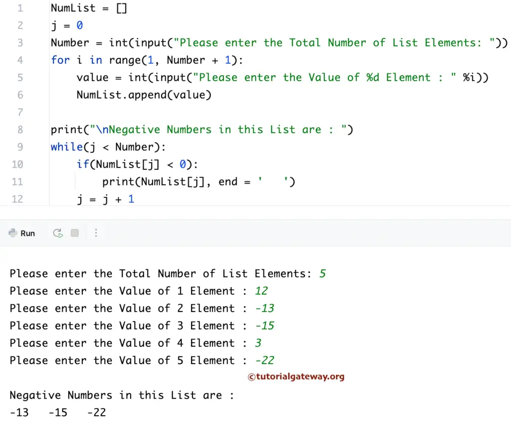 Python Program to Print Negative Numbers in a List using While loop