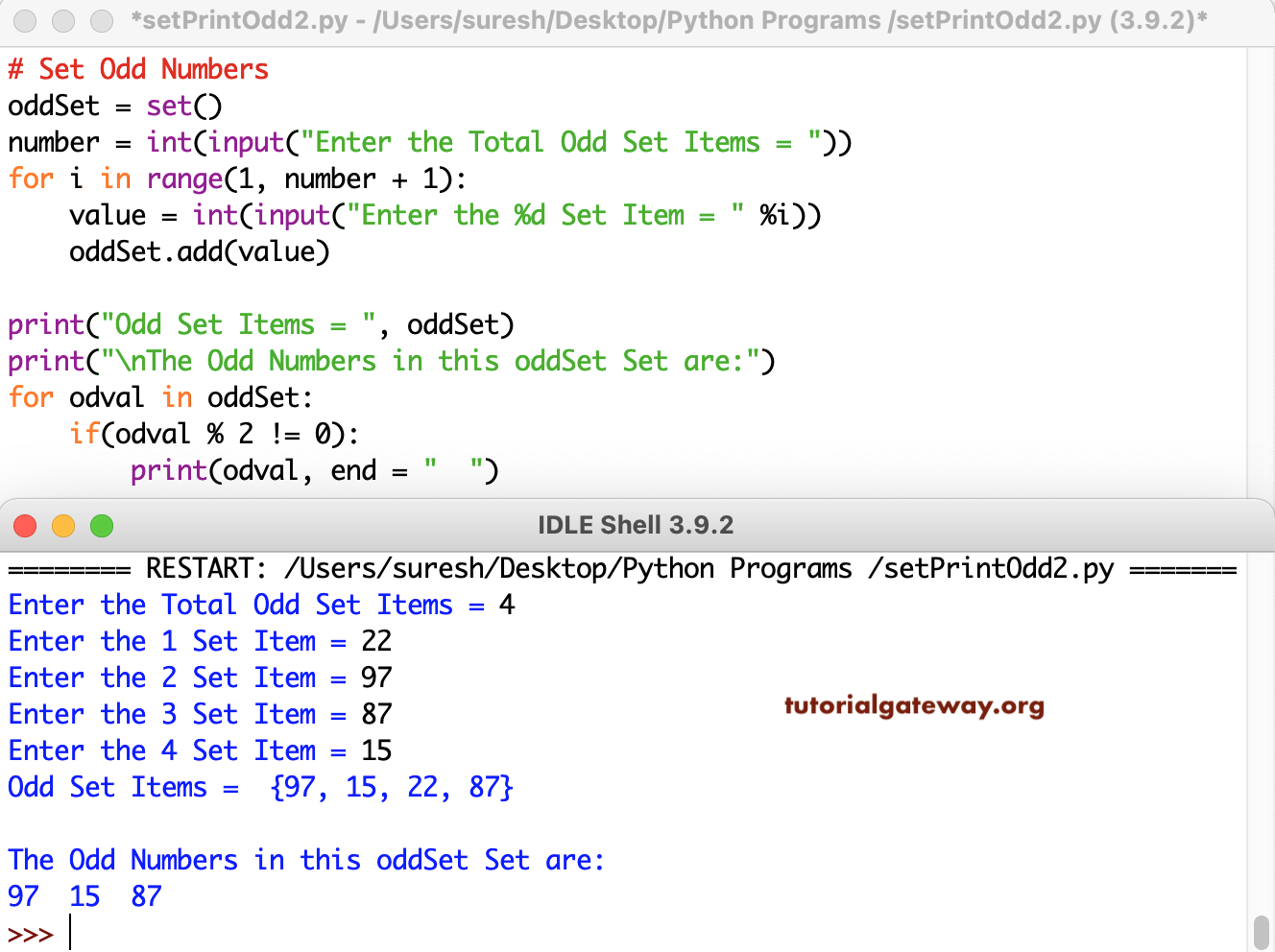 Python Program to Print Odd Numbers in Set 2