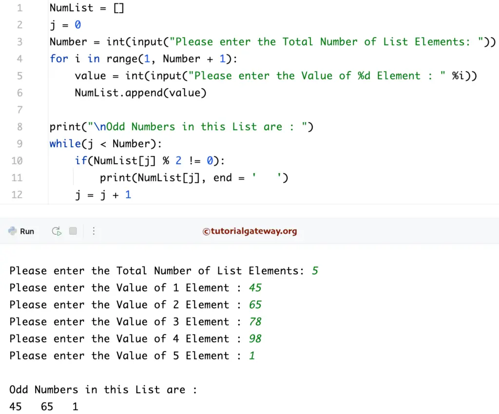 Python Program to Print Odd Numbers in a List using While loop