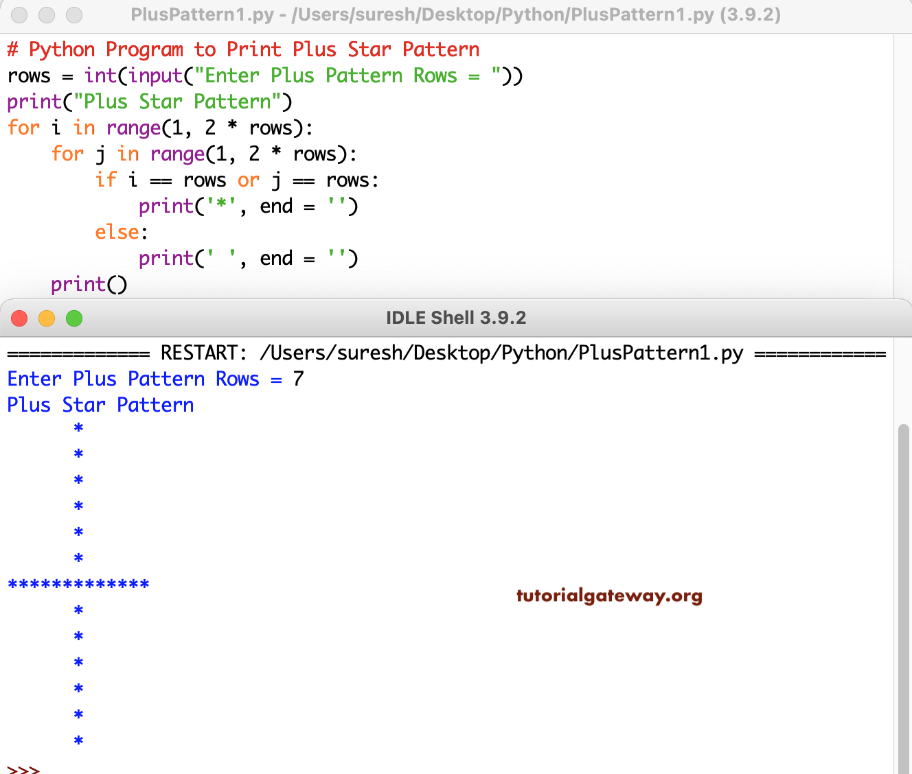 Python Program to Print Plus Star Pattern 1