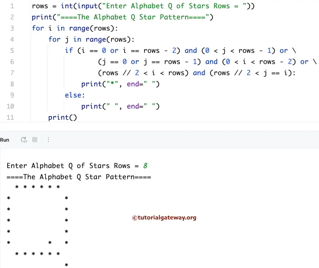 Python Program to Print Alphabetical Q Star Pattern