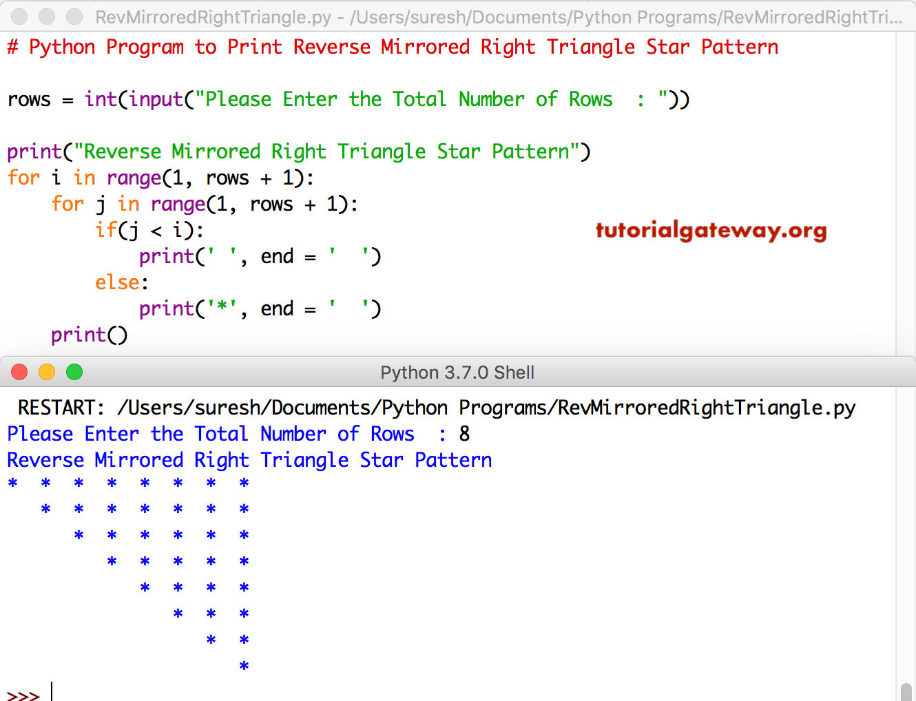 Python Program to Print Reverse Mirrored Right Triangle Star Pattern 1