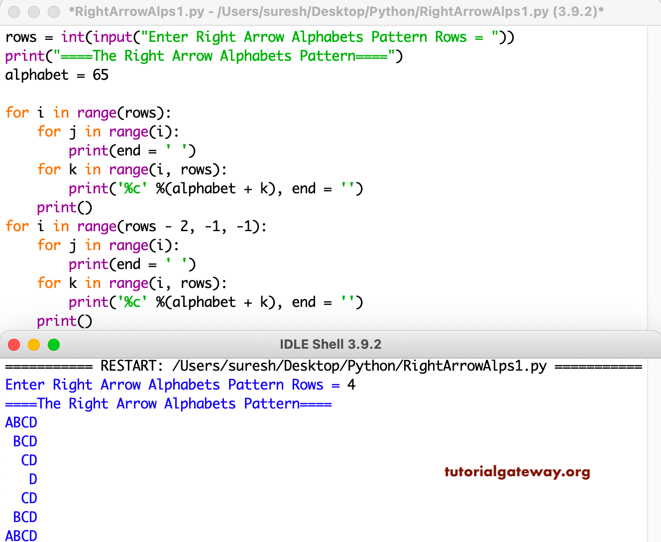 Python Program to Print Right Arrow Alphabets Pattern