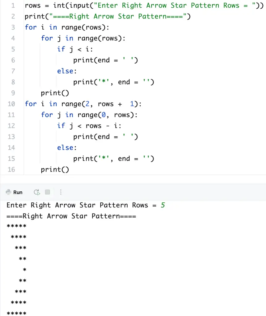 Python Program to Print Right Arrow Star Pattern using for loop