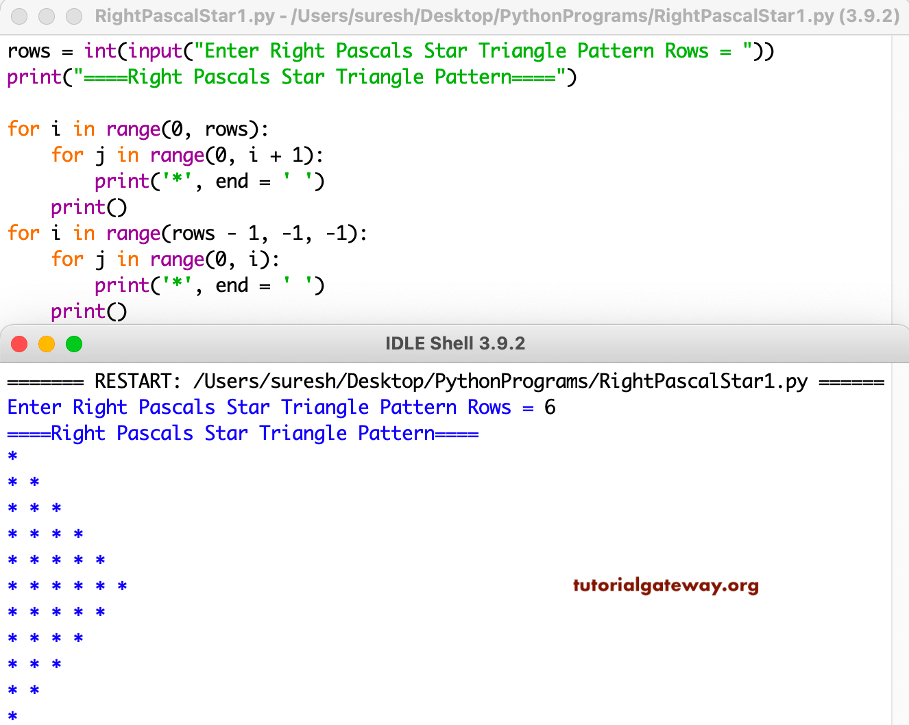 Python Program to Print Right Pascals Star Triangle