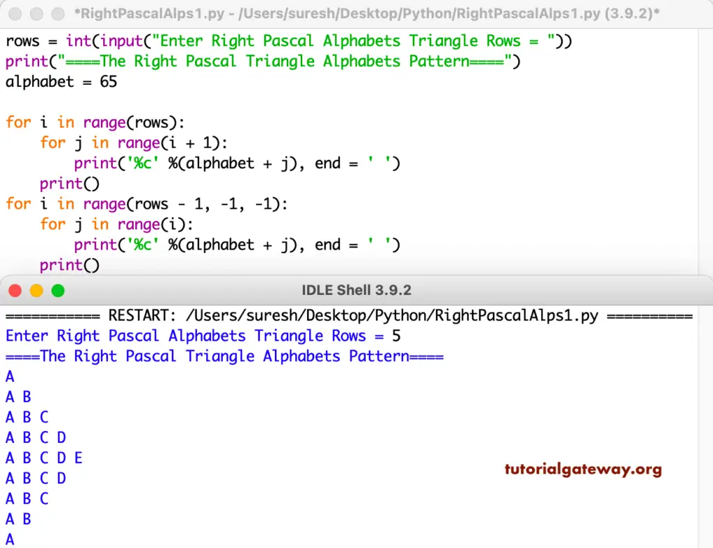Python Program to Print Right Pascals Triangle Alphabets Pattern
