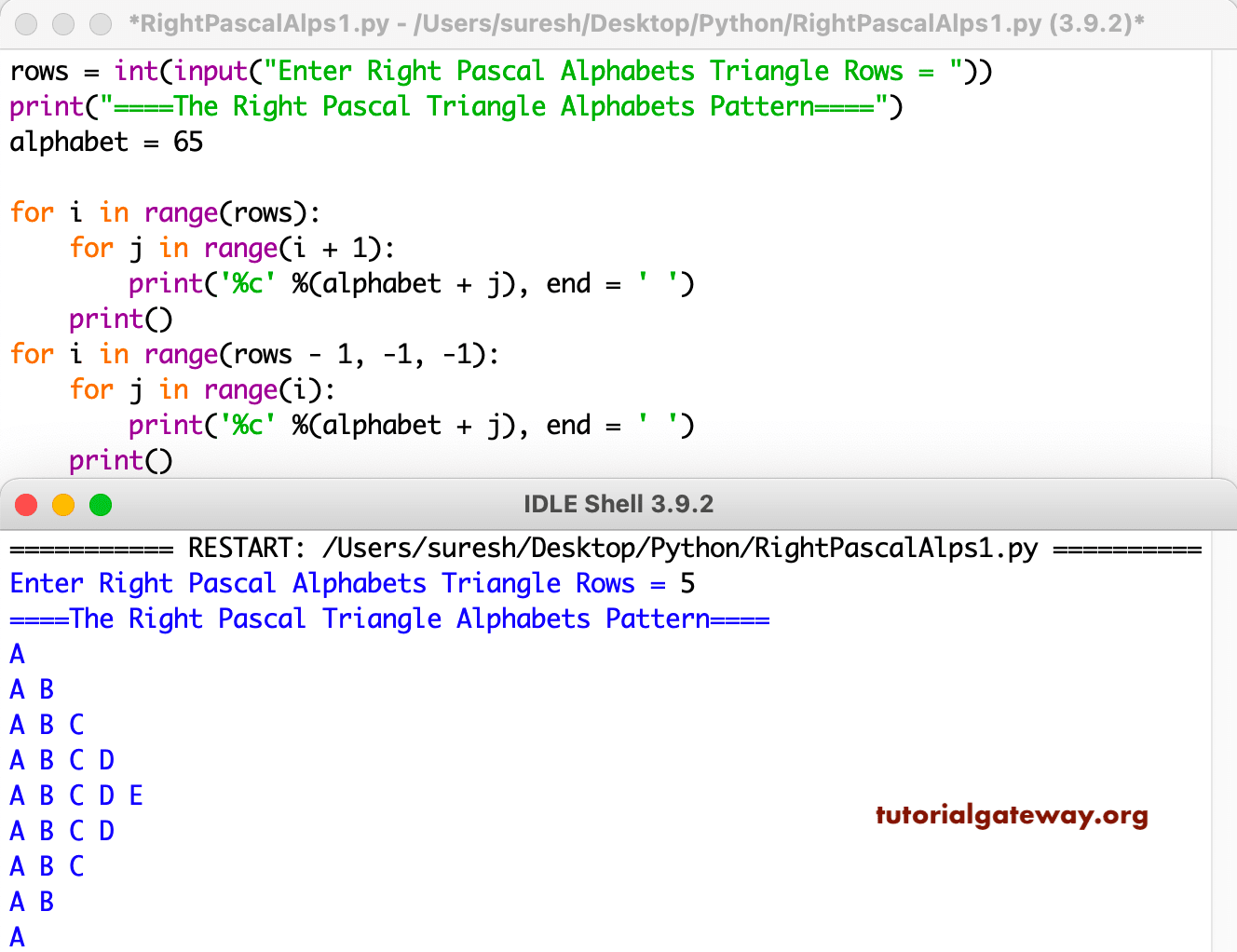 Python Program to Print Right Pascals Triangle Alphabets Pattern
