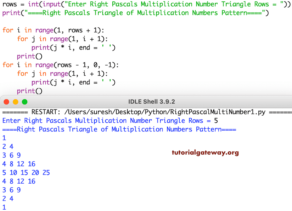 Python Program To Print Right Pascals Triangle Of Multiplication