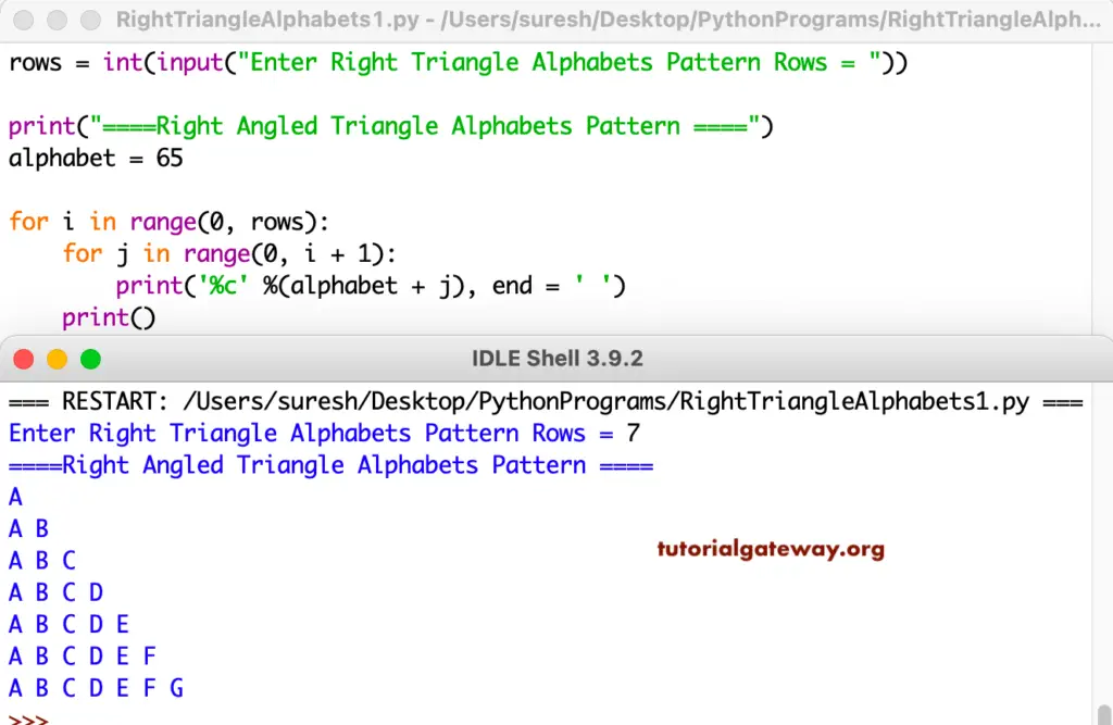Python Program to Print Right Triangle Alphabets Pattern