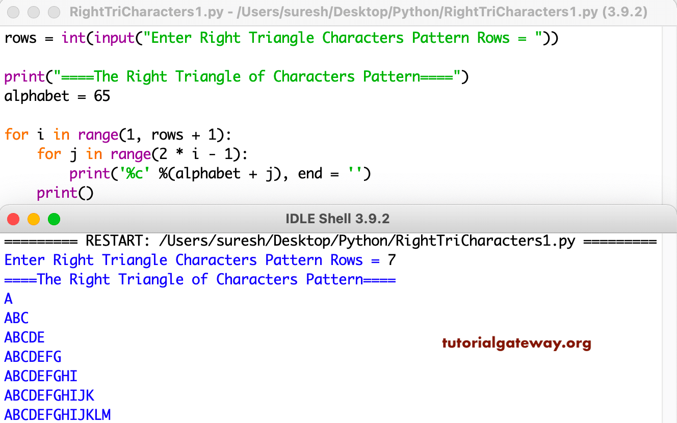 Python Program to Print Right Triangle Character Pattern