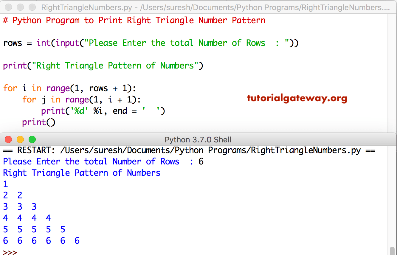 Python Program to Print Right Triangle Number Pattern 1