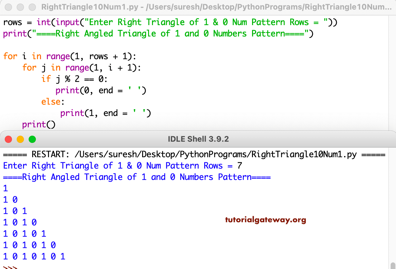 Python Program to Print Right Triangle of 1 and 0